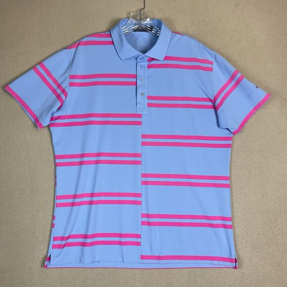 G/FORE Polo‎ Shirt Mens Medium Blue Pink Striped Golf Performance Stretch - Picture 1 of 9